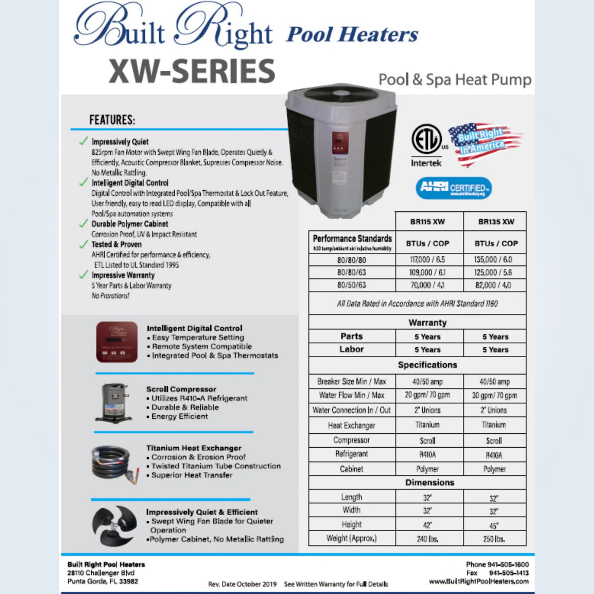 Built Right Pool Heat Pump BR135XW Heat & Cool - 130,000 BTU's ...